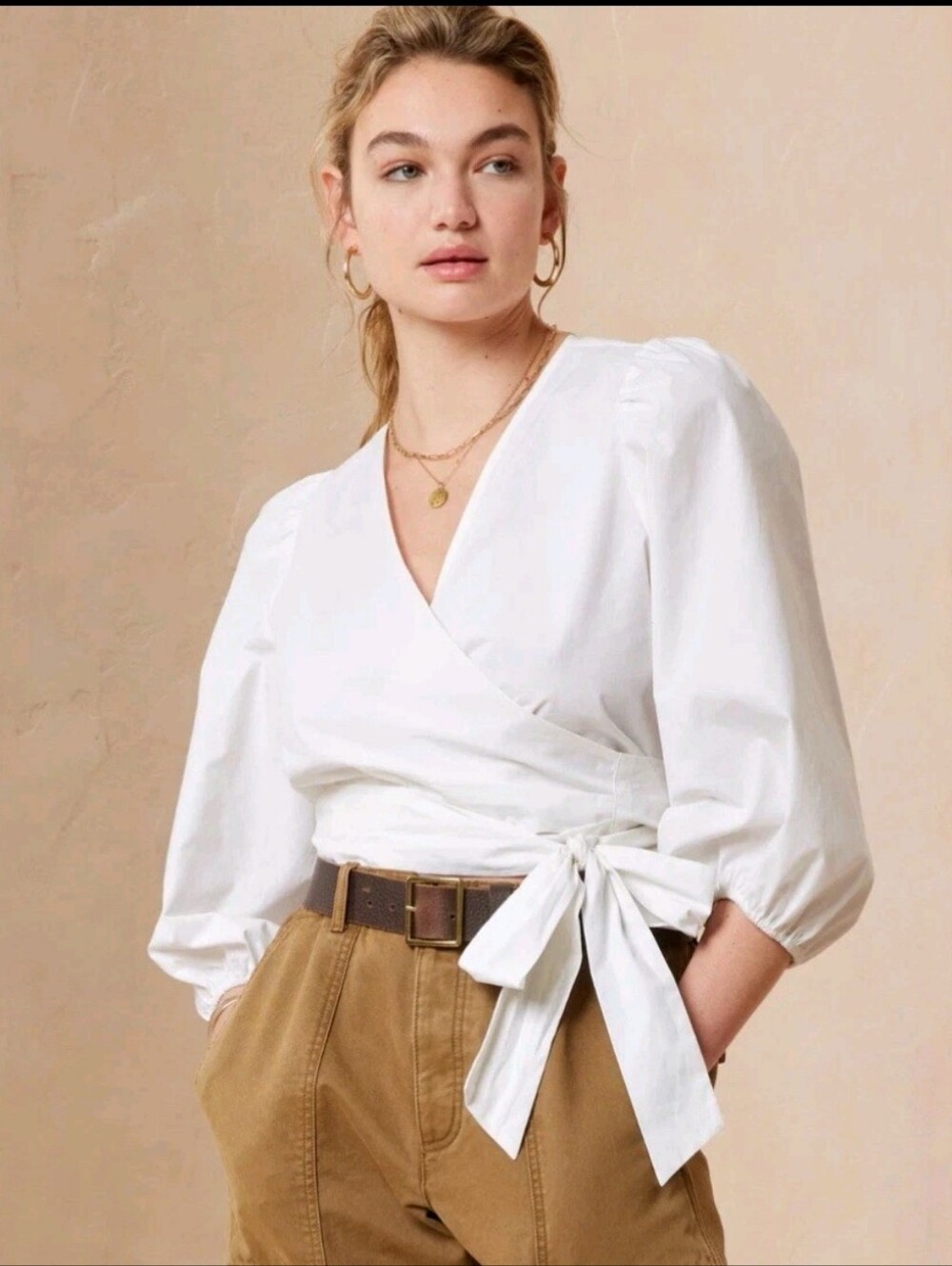 BR 100% Organic Cotton Crop Top Wrap Puff Sleeve Bow Coquette Cottagecore Sz M